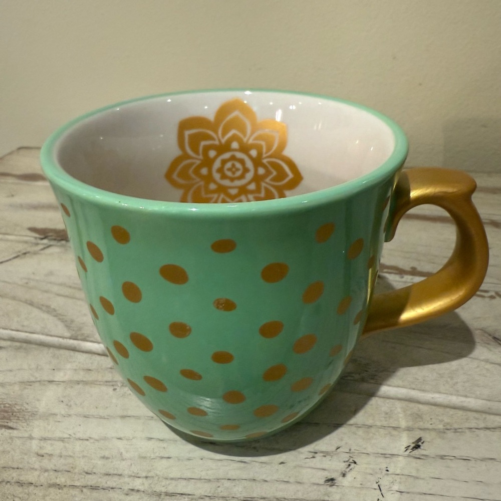 Pioneer Woman Holiday Charm Large Mug Cup Mint Green Gold Dots  13.5 oz.